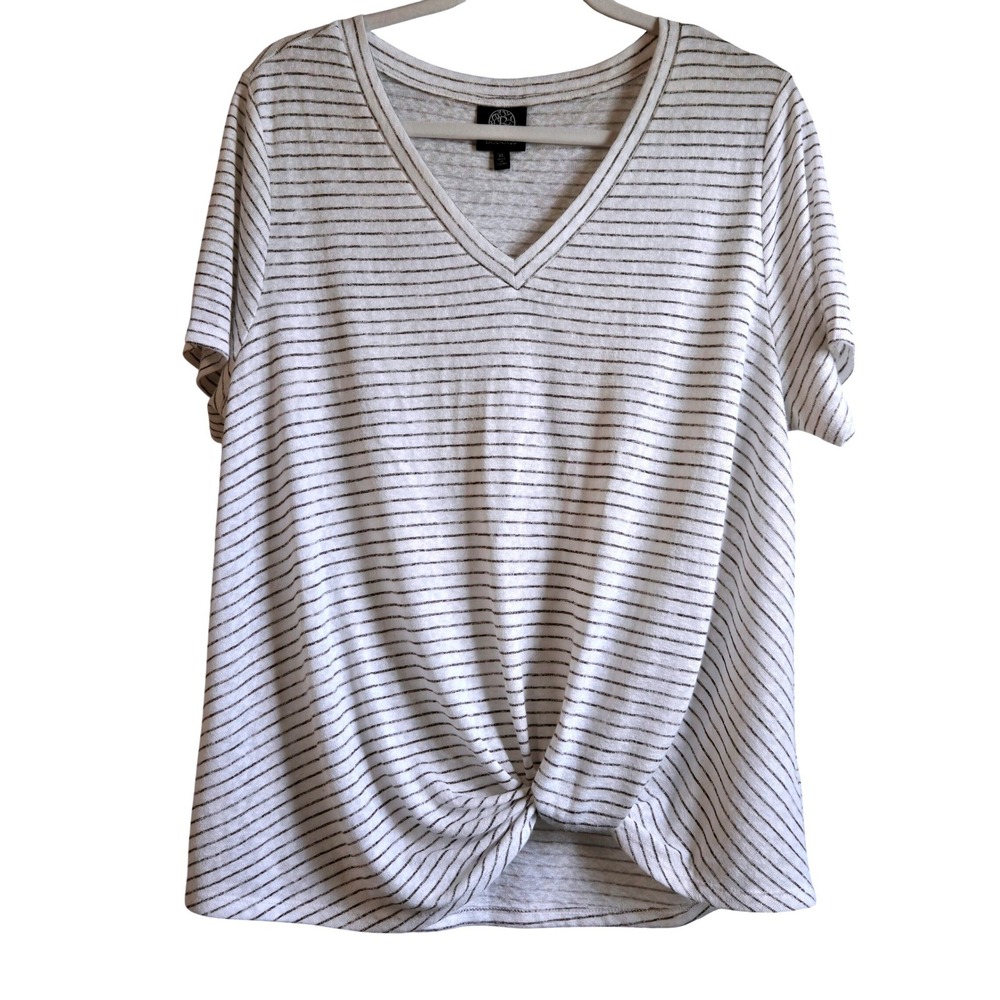 Bobeau Women's XL V-Neck Twist Front Striped Short Sleeve Top White & Coffee